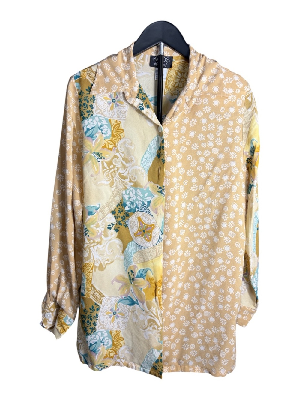Vintage Women's Yellow Floral 100% Silk Patchwork Button-Down Shirt